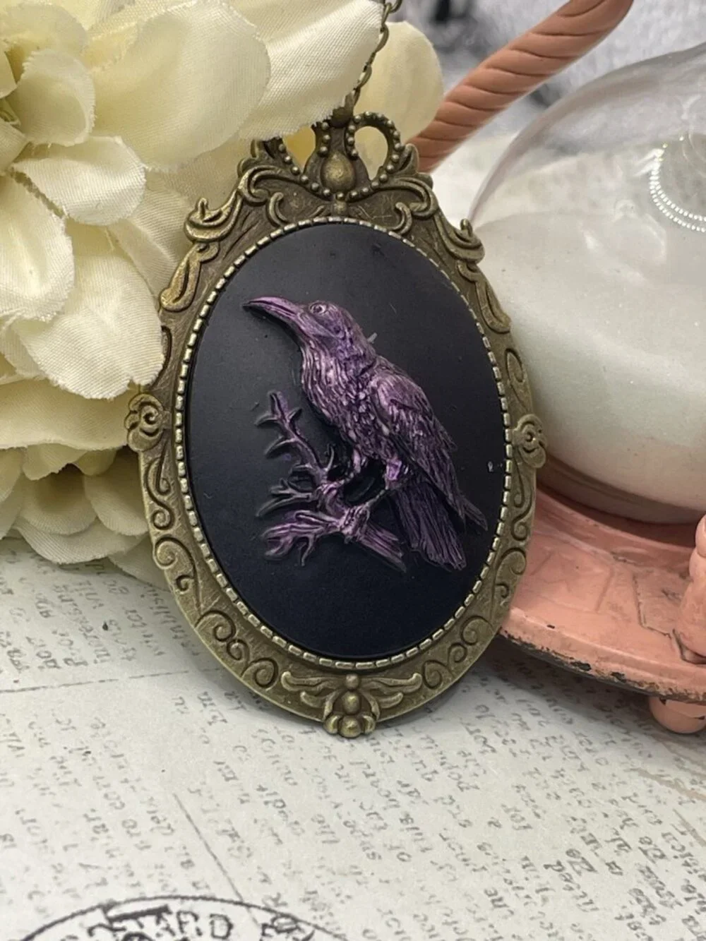 Brooch Pin Purple Iridescent Raven Crow Gothic Gift Cameo Black Necklace Pendant